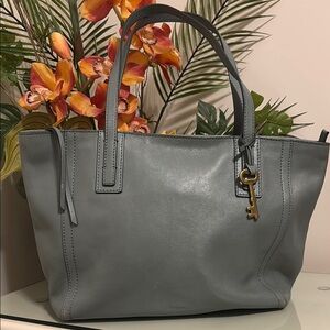 Fossil Steel Blue/Gray Leather Tote Bag